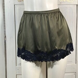 Auden Intimates Olive Green Lace Trim Half Slip Satin Mini Skirt Silky XS